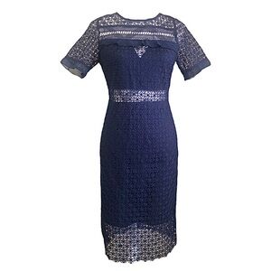 NWT Soieblu Navy Blue Crochet Lace Short Sleeve Cocktail Dress Size Small